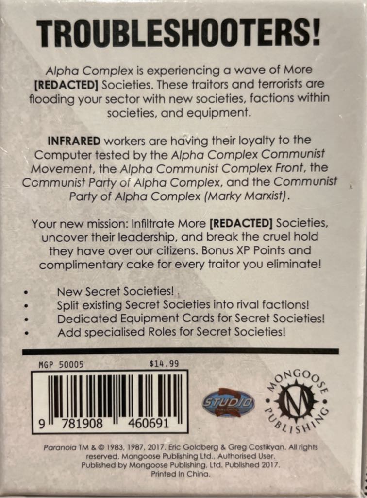 Paranoia: More [REDACTED] Societies  board game collectible [Barcode 9781908460691] - Main Image 2