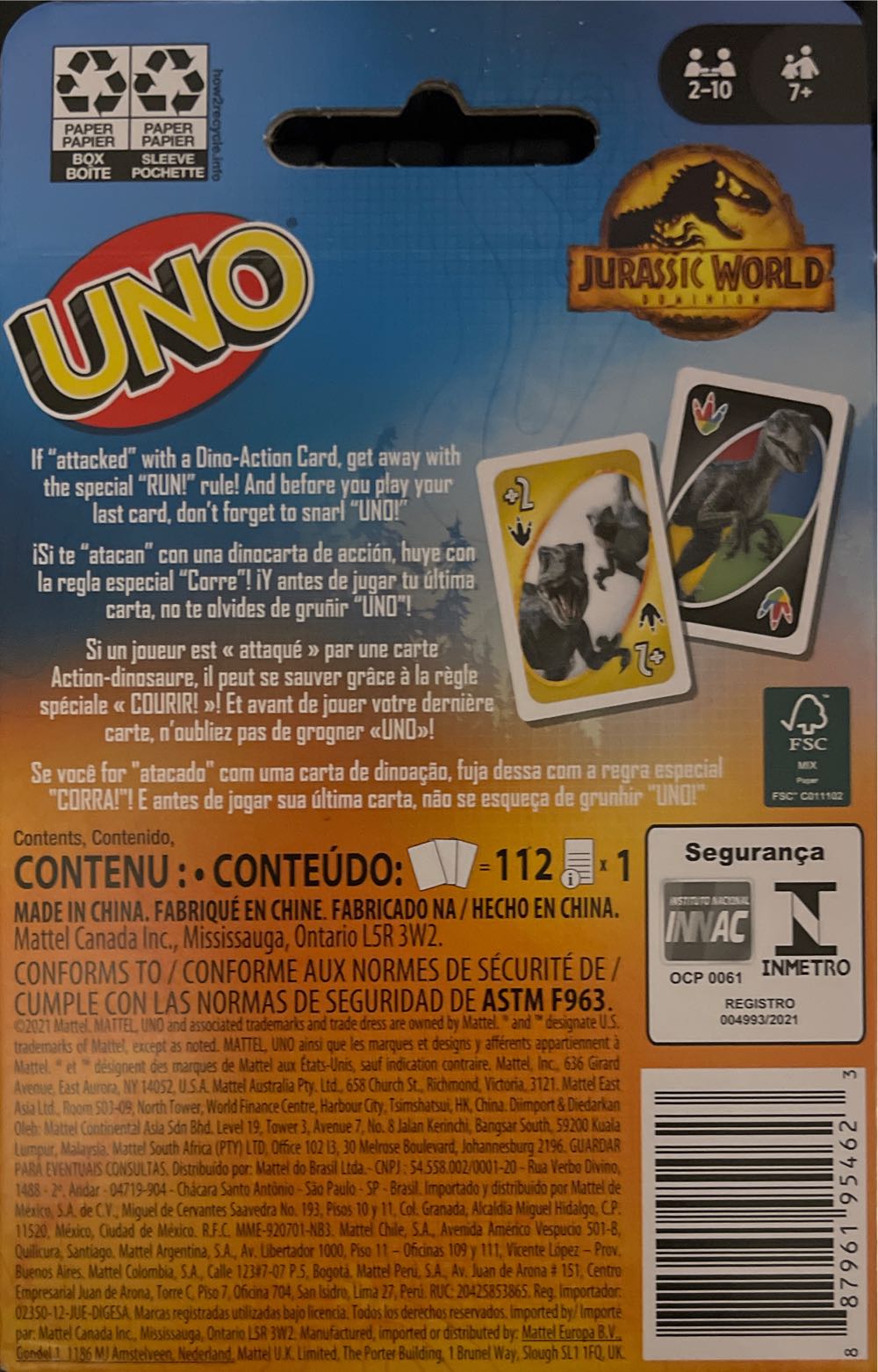 Uno Jurassic World Dominion Card Game With Themed Deck & Special Rule Gift For Kid Adult & Family Game Nights Ages 7 Years Old & Up  (2-10) board game collectible [Barcode 887961954623] - Main Image 2