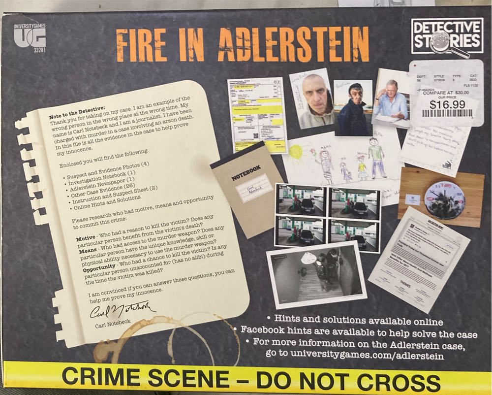 Murder Mystery Party Case Files: Fire In Adlerstein Unsolved Mystery Detective Case File Game Play Alone W Friends Family Or For Couples Date Night Ages 14 From University Games Grey  (1+ Players) board game collectible [Barcode 023332332816] - Main Image 2