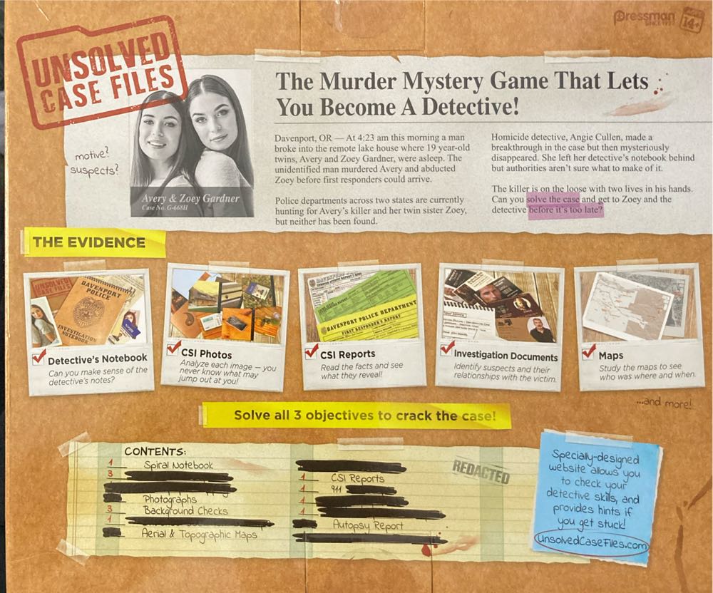 Unsolved Case Files: Avery & Zoey Gardner  (1+) board game collectible [Barcode 021853088120] - Main Image 2