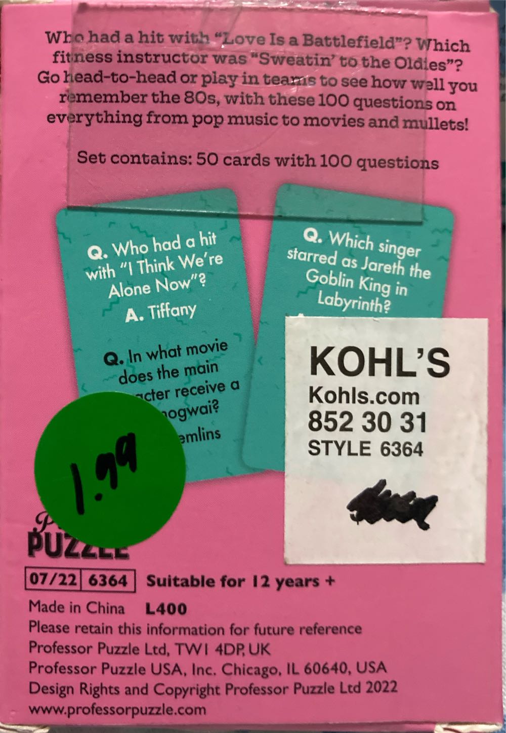 I Love The 80’s Trivia  (2+) board game collectible [Barcode 818192029552] - Main Image 2