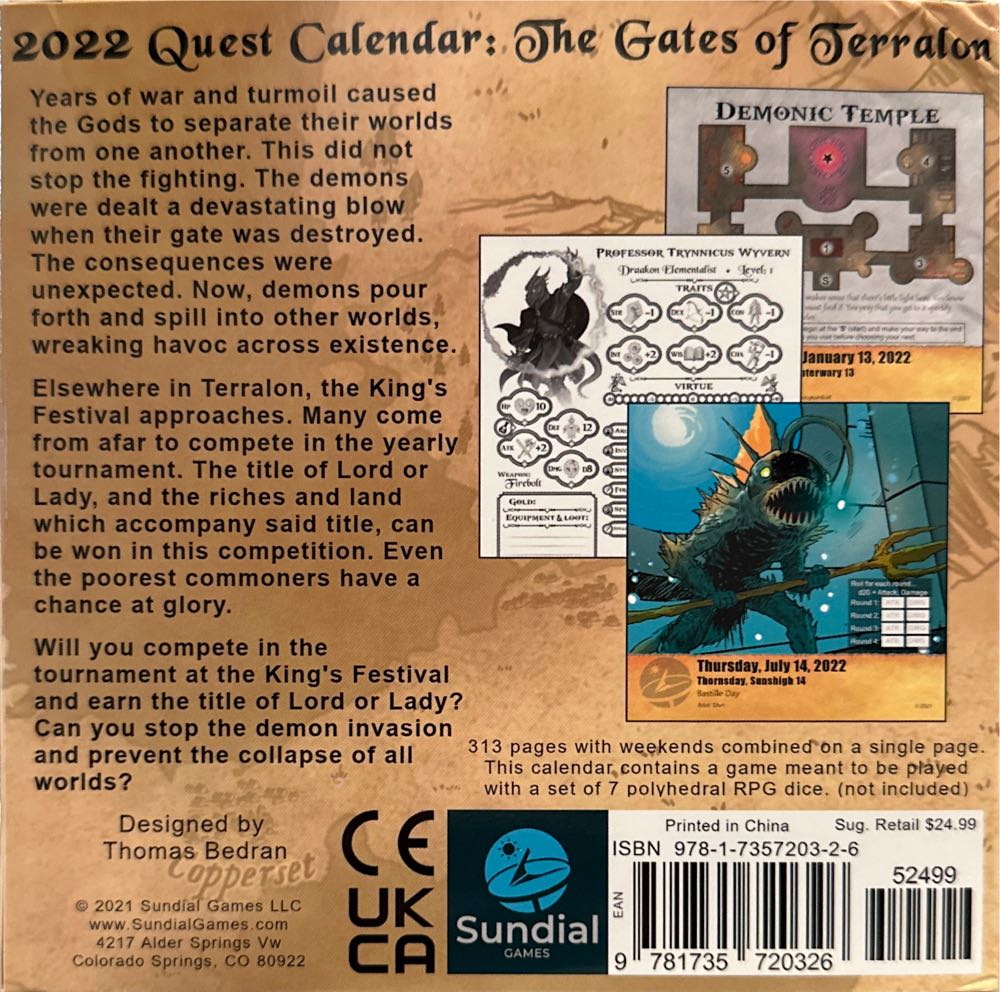 Quest Calendar 2022: The Gates Of Terralon  (1) board game collectible [Barcode 9781735720326] - Main Image 2