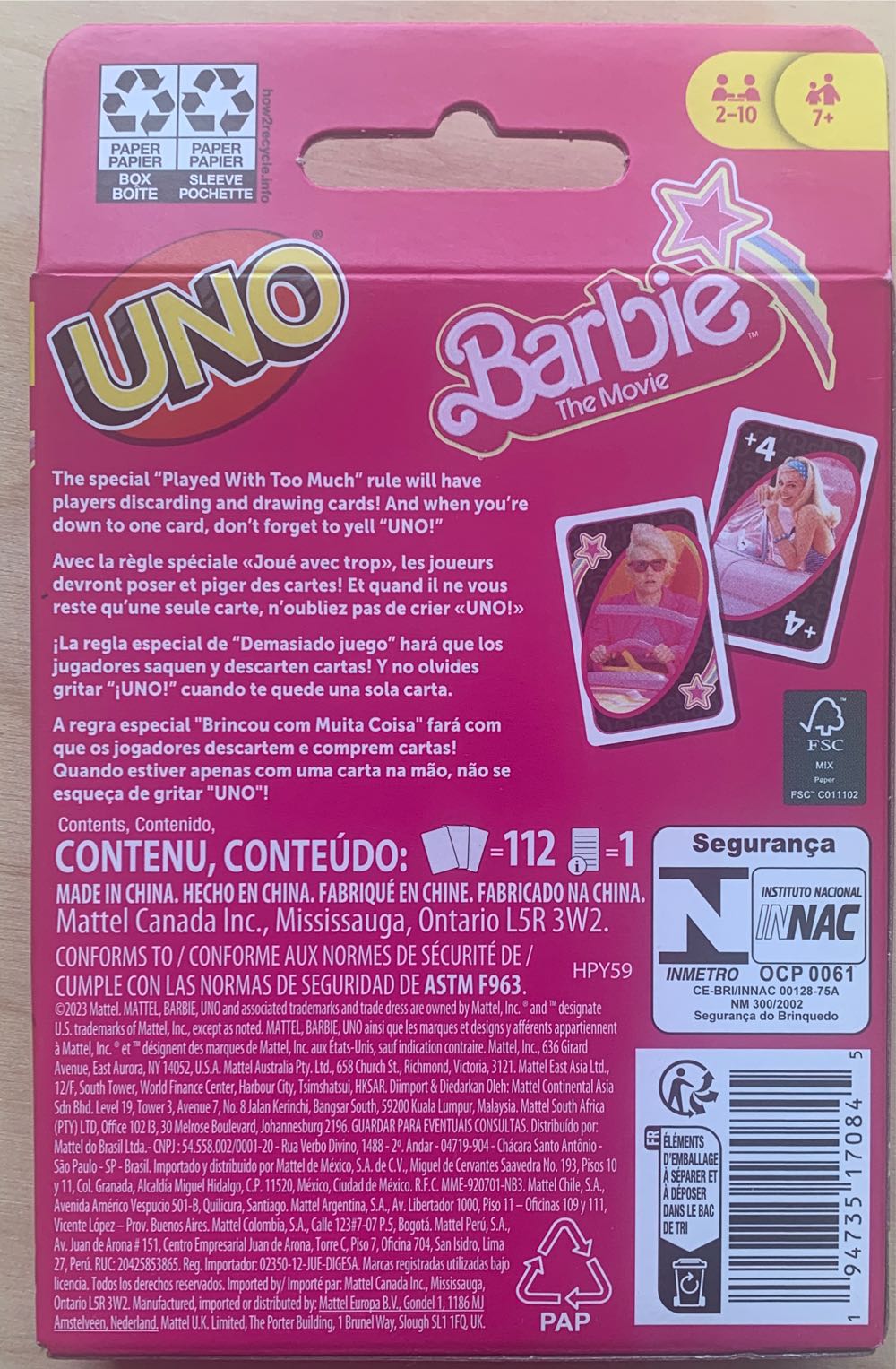 Uno Barbie The Movie  (2-10) board game collectible [Barcode 194735170845] - Main Image 2