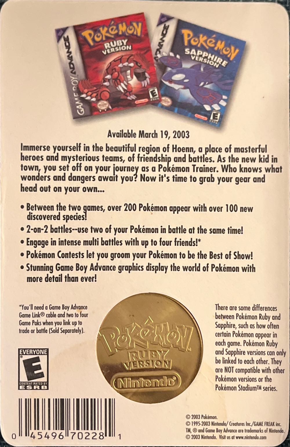 Pokemon Ruby Version Limited Edition Collector’s Coin Game Boy Advance Sealed  board game collectible [Barcode 045496702281] - Main Image 2