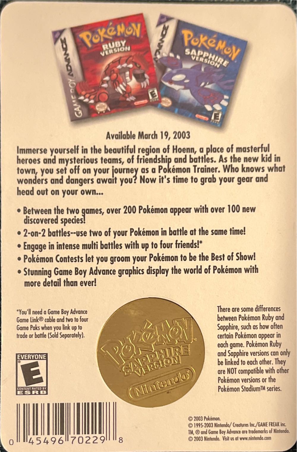 Pokémon Sapphire Version Limited Edition Collector’s Coin Game Boy Advance Sealed  board game collectible [Barcode 045496702298] - Main Image 2