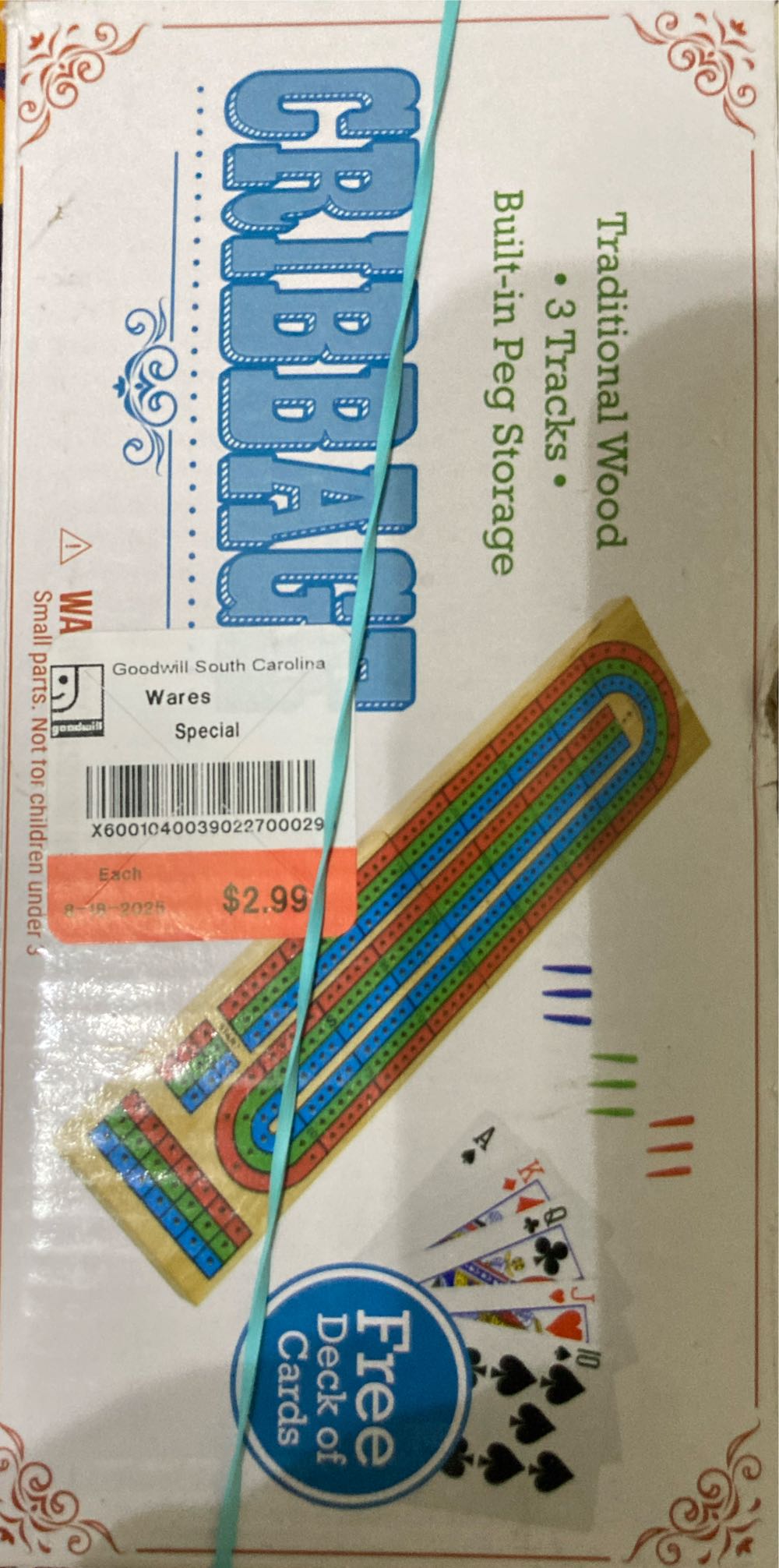 Brybelly Cribbage Board Game Set | Traditional Wooden Board Game Classic 3-track Layout And Plastic Pegs | Standard Deck Of Playing Cards | 15 In L 3 1 2 In W 1 2 In Thick Folds To 7 1 12 In  (2-4) board game collectible [Barcode 609207896944] - Main Image 2