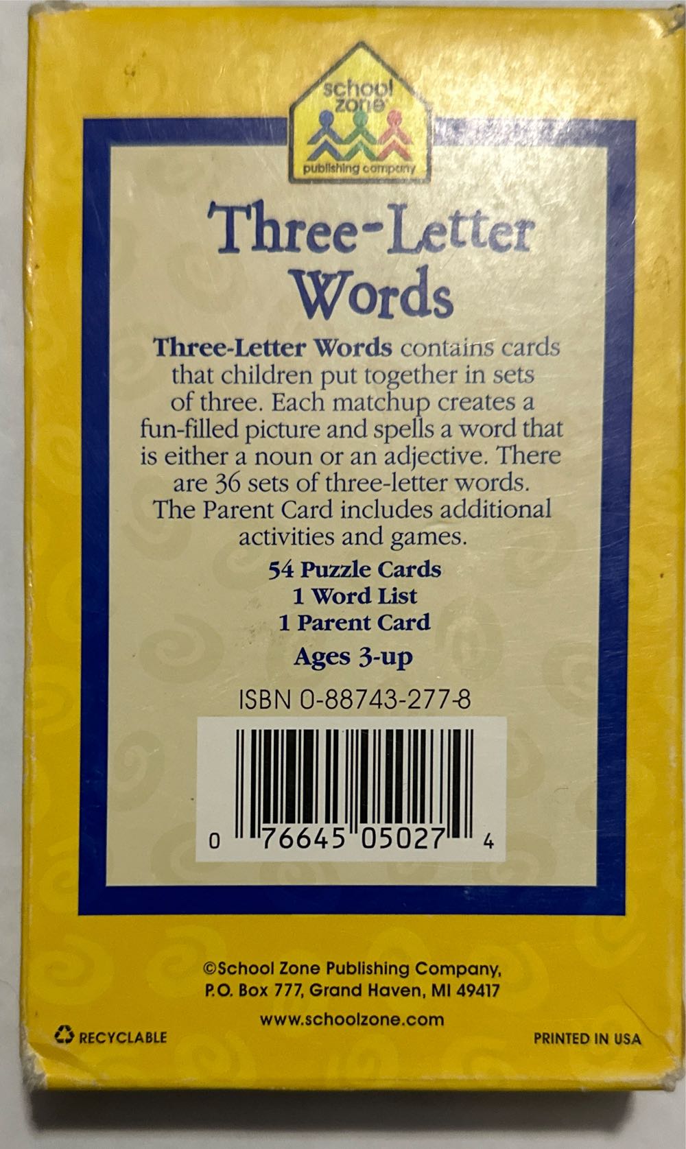 School Zone Spell Three-letter Words Puzzle Cards: Preschool To Kindergarten Letters Letter Recognition Word-picture Recognition Spelling And More  board game collectible [Barcode 076645050274] - Main Image 2