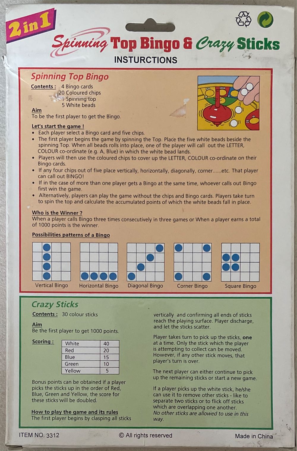 Spinning Top Bingo & Crazy Sticks  (2-4) board game collectible - Main Image 2
