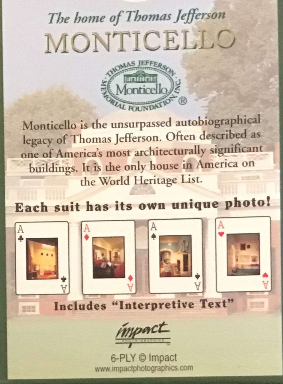 Monticello Playing Cards Souvenir Deck Thomas Jefferson Virginia Sealed New  board game collectible [Barcode 045622966150] - Main Image 2