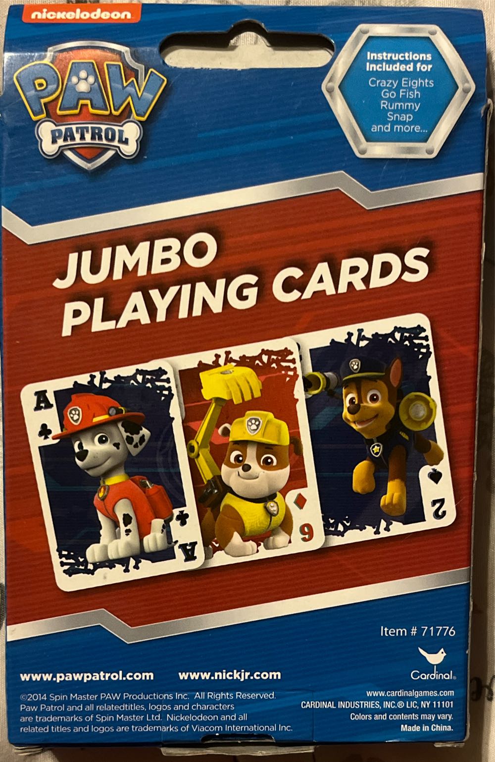 Paw Patrol Jumbo Playing Cards  board game collectible [Barcode 047754202571] - Main Image 2