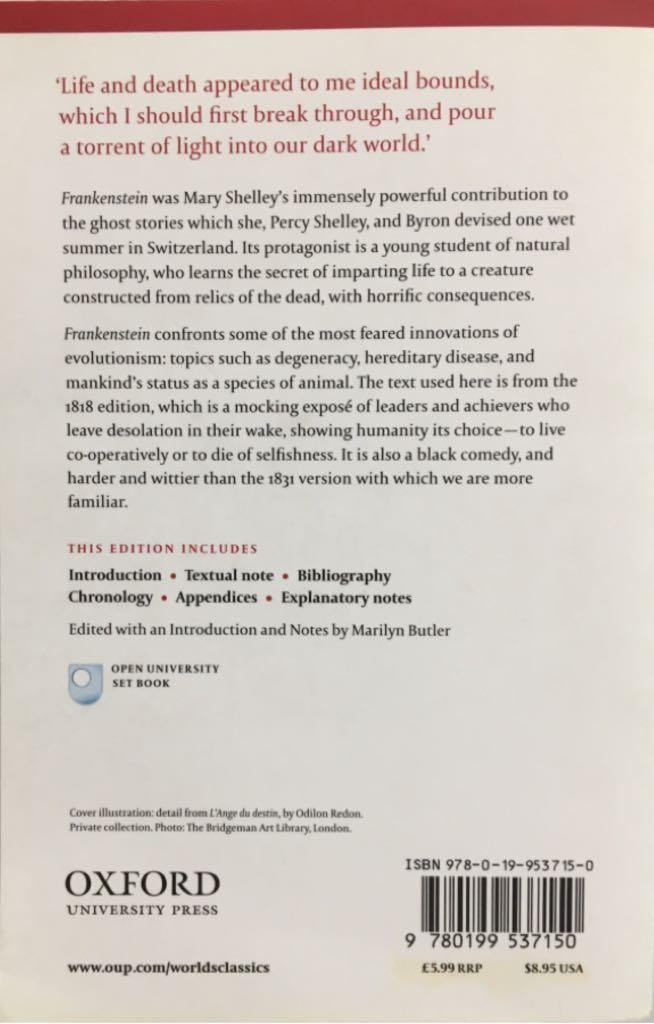 Frankenstein Or The Modern Prometheus : The 1818 Text - Mary Shelley (Oxford World’s Classics - Paperback) book collectible [Barcode 9780199537150] - Main Image 2