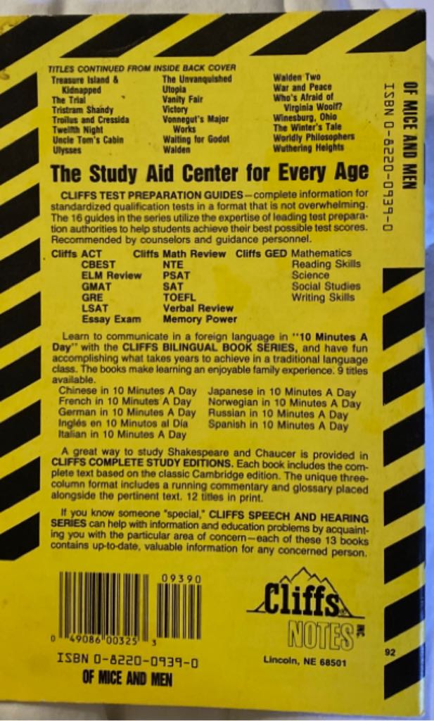 Of Mice and Men - John Steinbeck (Cliff Notes - Paperback) book collectible [Barcode 9780822009399] - Main Image 2