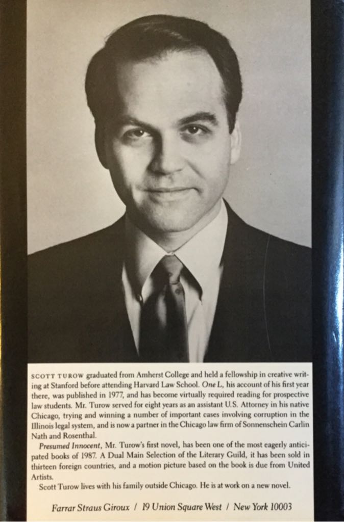 Presumed Innocent - Scott Turow (Farrar, Straus and Giroux - Hardcover) book collectible - Main Image 2