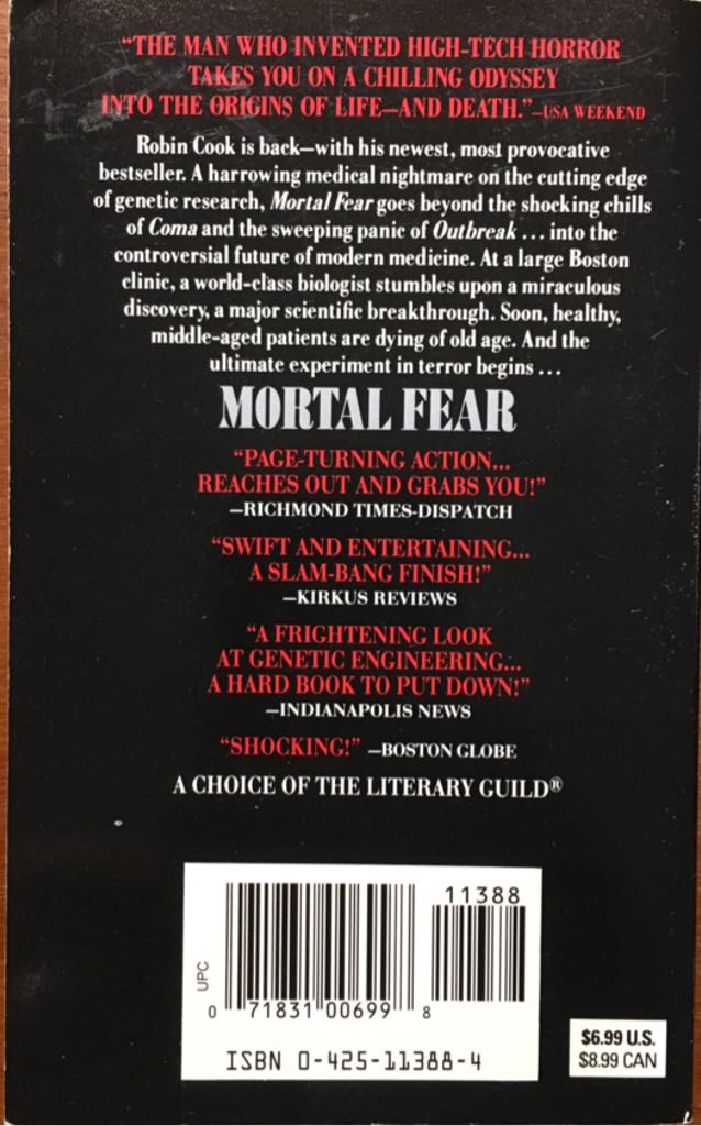 Mortal Fear - Robin Cook (Berkley - Paperback) book collectible [Barcode 9780425113882] - Main Image 2