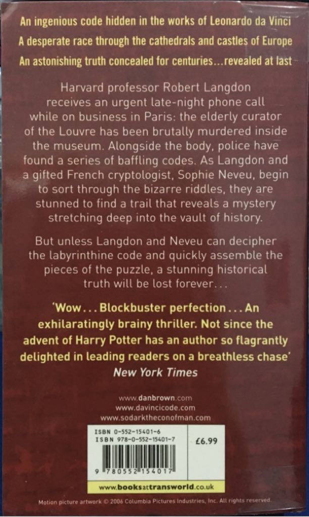 The Da Vinci Code - Dan Brown (Corgi - Paperback) book collectible [Barcode 9780552154017] - Main Image 2