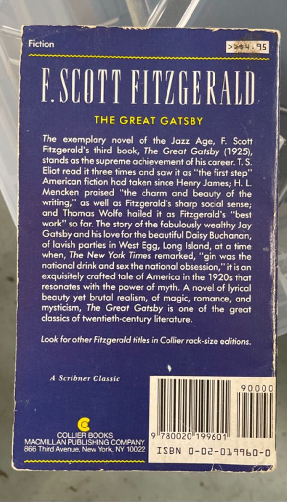 The Great Gatsby - F. Scott Fitzgerald (Scribner - Paperback) book collectible [Barcode 9780020199601] - Main Image 2