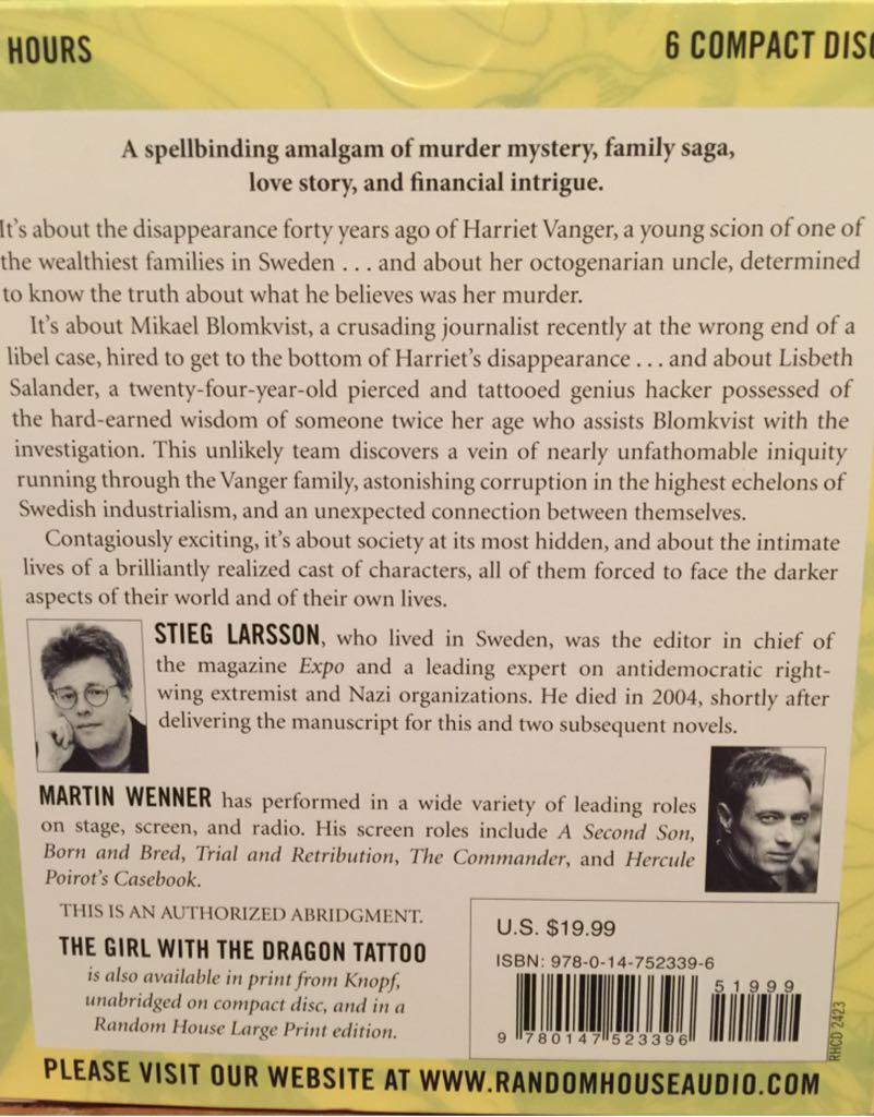 Girl with the Dragon Tattoo, The - Stieg Larsson (Audiobook) book collectible [Barcode 9780147523396] - Main Image 2