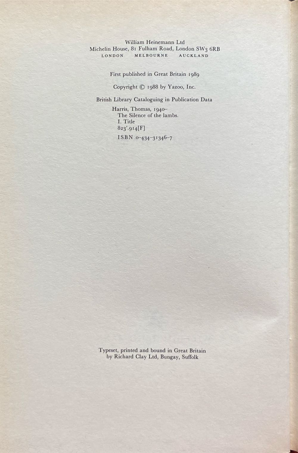 The Silence of the Lambs - Thomas Harris (William Heinemann - Hardcover) book collectible [Barcode 9780434313464] - Main Image 3