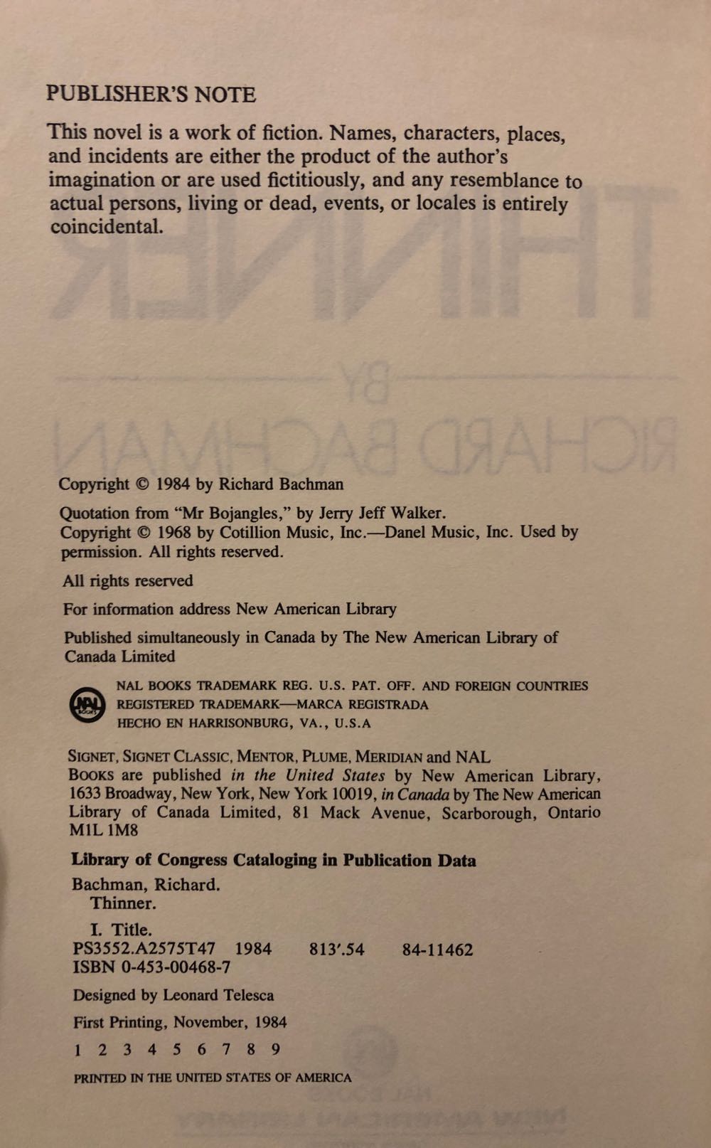 Thinner (First Edition; First Print) - Stephen King (A Signet Book/New American Library - Hardcover) book collectible - Main Image 3