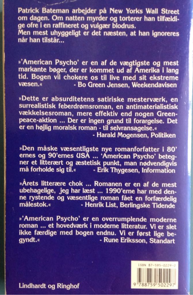 American Psycho - Easton Ellis (Lindhardt Og Ringhof - Paperback) book collectible [Barcode 9788759502297] - Main Image 2