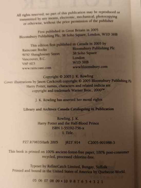 Harry Potter #6 The Half-Blood Prince - J. K. Rowling (Raincoast Books - Hardcover) book collectible [Barcode 9781551927565] - Main Image 3