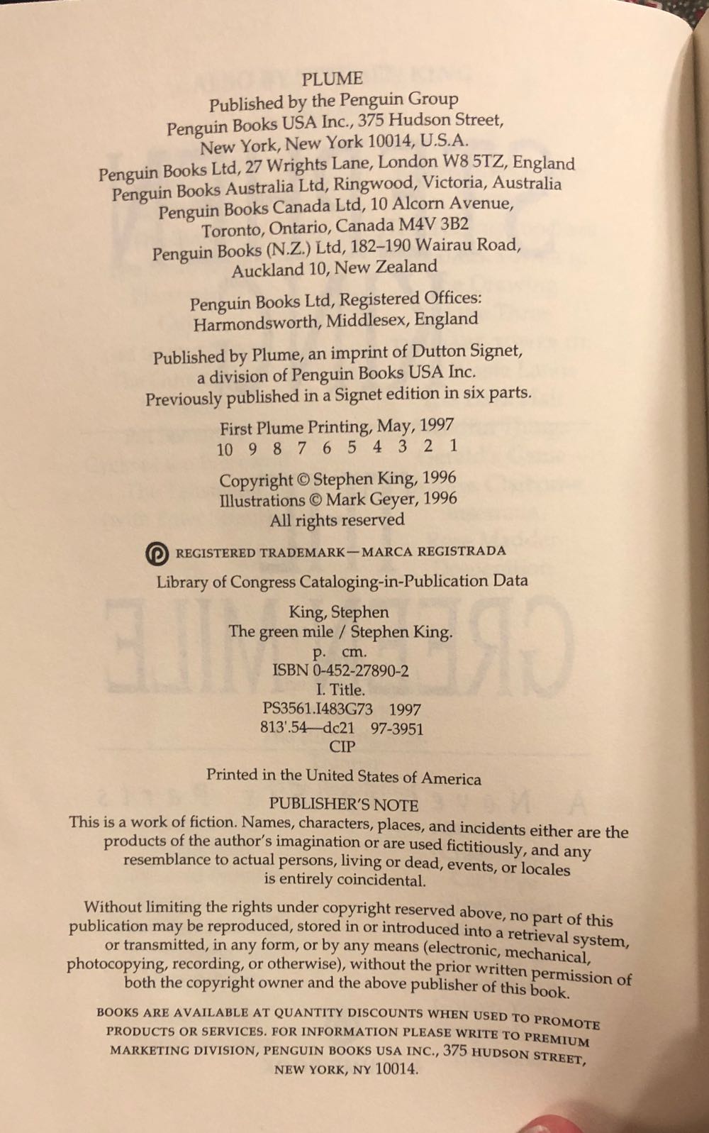 The Green Mile - Stephen King (Plume - Paperback) book collectible [Barcode 9780452278905] - Main Image 4