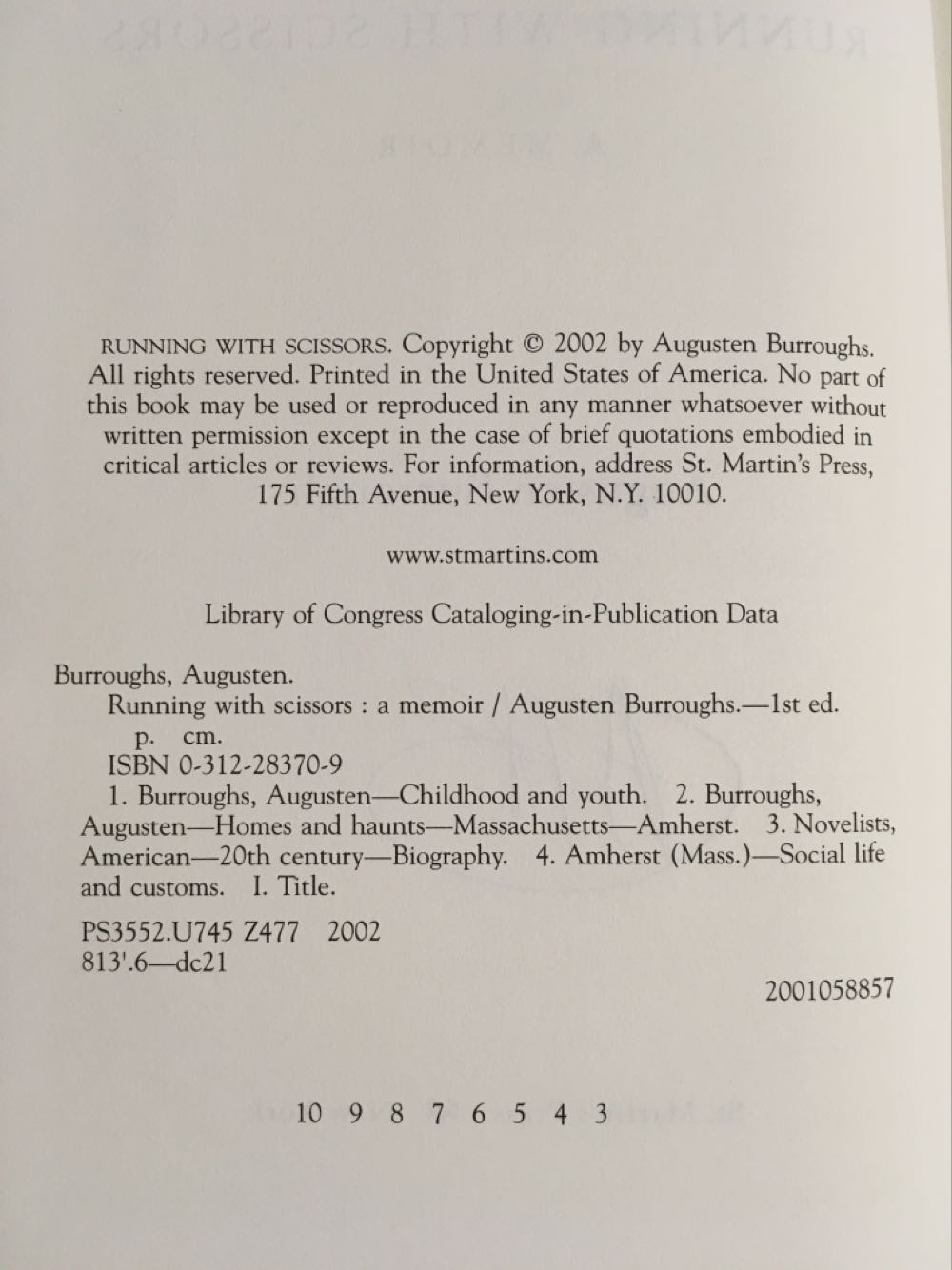 Running With ScissorsA Memoir Augusten BurroughsNON-FICTION ENGLISH - Augusten Burroughs (St. Martin’s Press - Hardcover) book collectible [Barcode 9780312283704] - Main Image 2