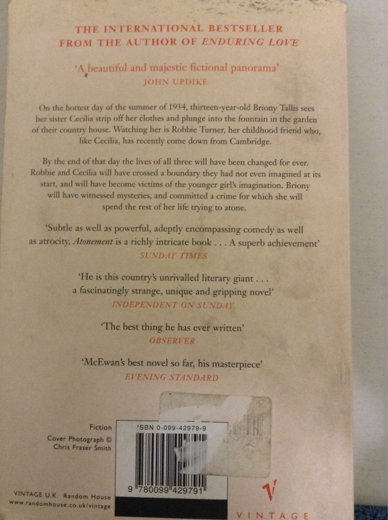 Atonement - Ian McEwan (Vintage - Paperback) book collectible [Barcode 9780099429791] - Main Image 2