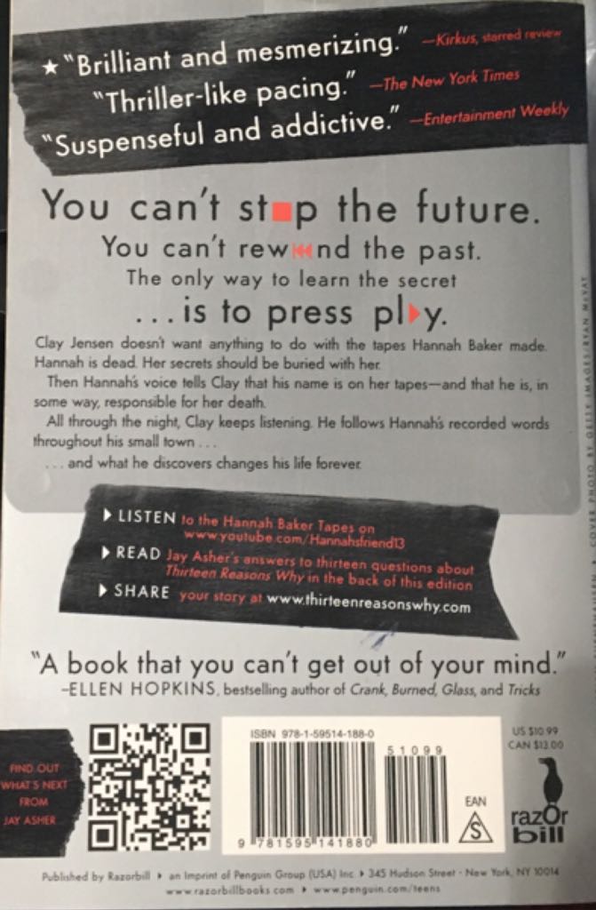 Asher, Jay - Thirteen Reasons Why - Jay Asher (Razorbill - Trade Paperback) book collectible [Barcode 9781595141880] - Main Image 2