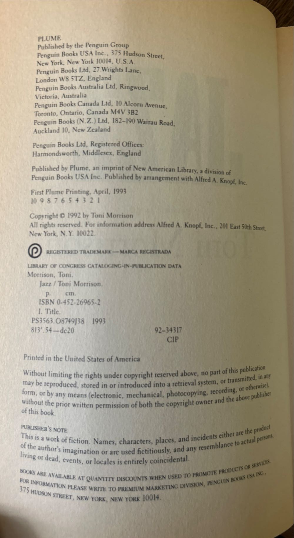 Jazz - Toni Morrison (Plume - Paperback) book collectible [Barcode 9780452269651] - Main Image 3