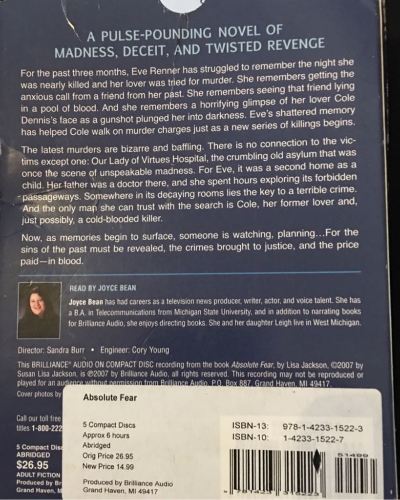 Absolute Fear - Lisa Jackson (Brillance Audio) book collectible [Barcode 9781423315223] - Main Image 2