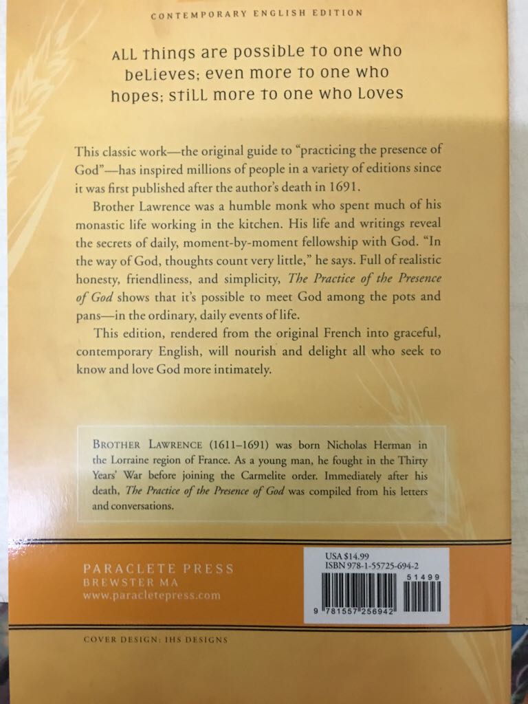 The Practice of the Presence of God - Brother Lawrence (Paraclete Press (MA)) book collectible [Barcode 9781557256942] - Main Image 2