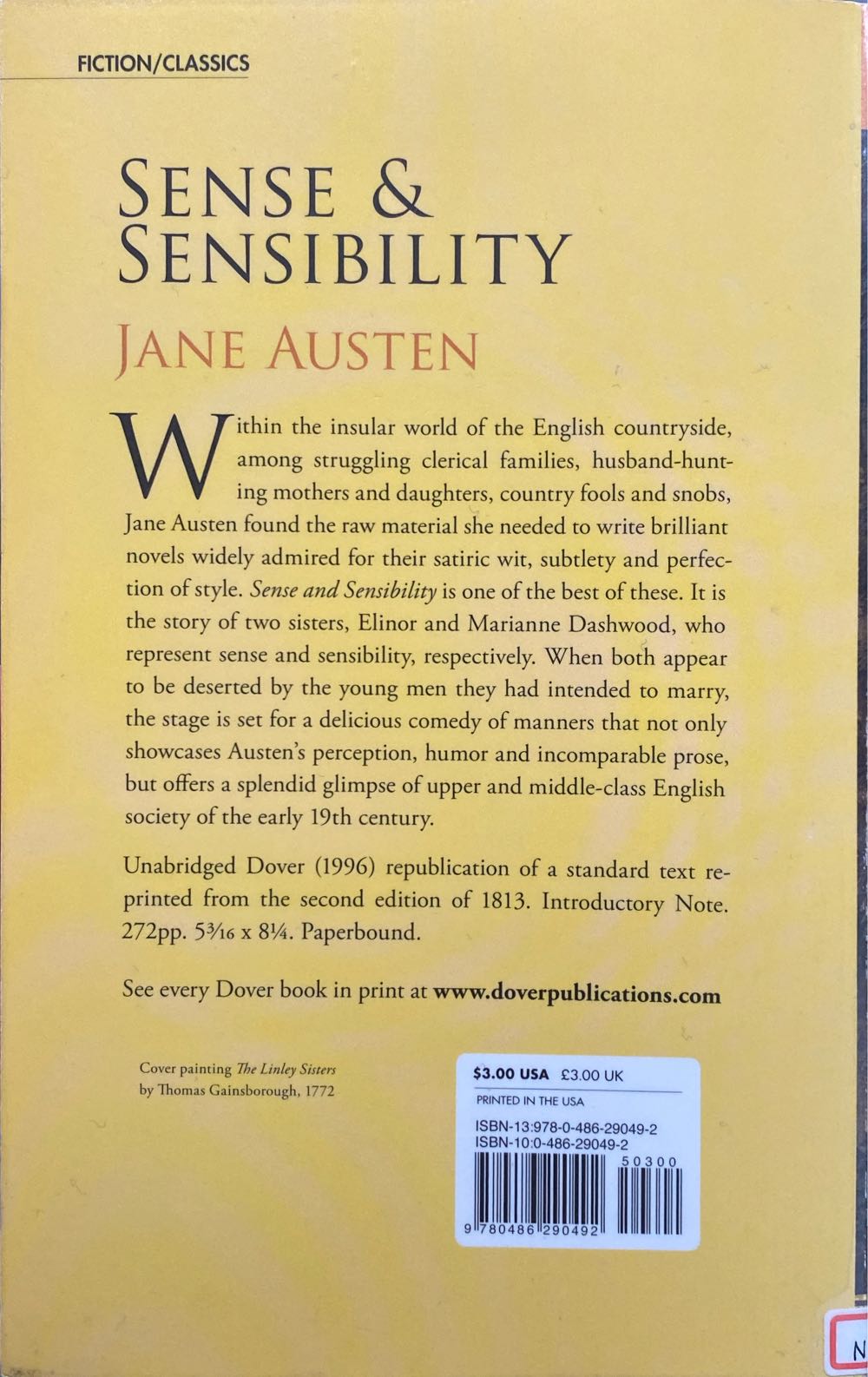 Sense and Sensibility - Jane Austen (Dover Publications - Paperback) book collectible [Barcode 9780486290492] - Main Image 2