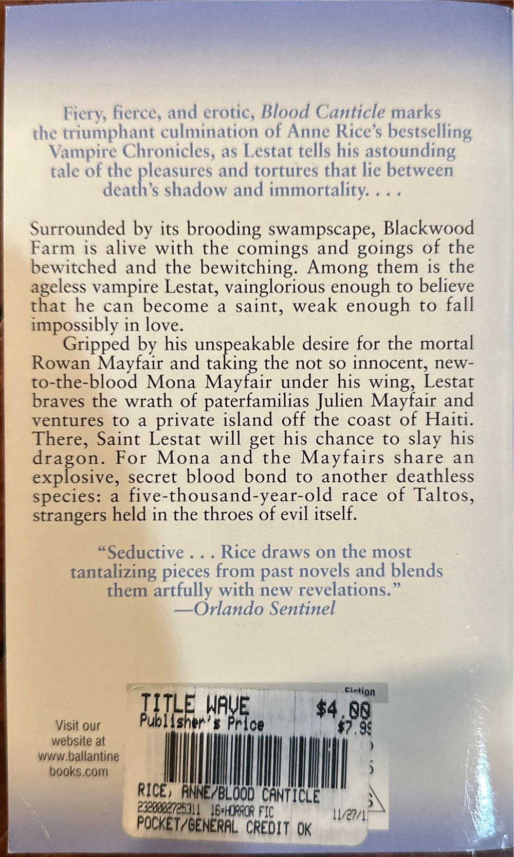 Blood Canticle - Anne Rice (Ballantine Books - Paperback) book collectible [Barcode 9780345443694] - Main Image 2