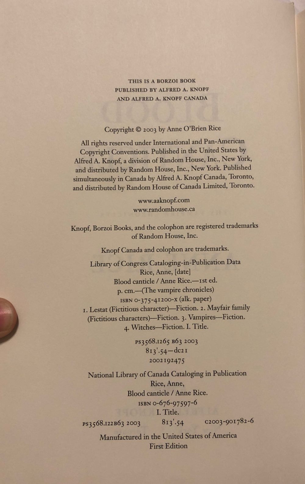 Blood Canticle - Anne Rice (Knopf - Hardcover) book collectible [Barcode 9780375412004] - Main Image 3