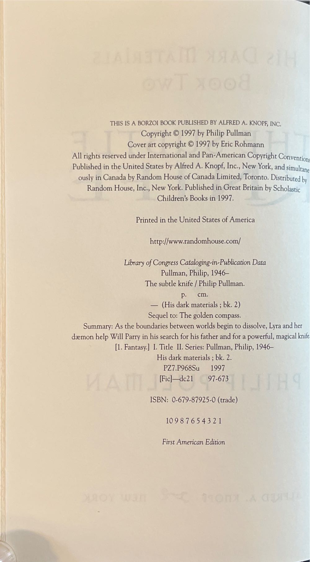 The Subtle Knife 2 - Philip Pullman (Alfred A Knopf Inc. - Trade Paperback) book collectible [Barcode 9780965668354] - Main Image 2