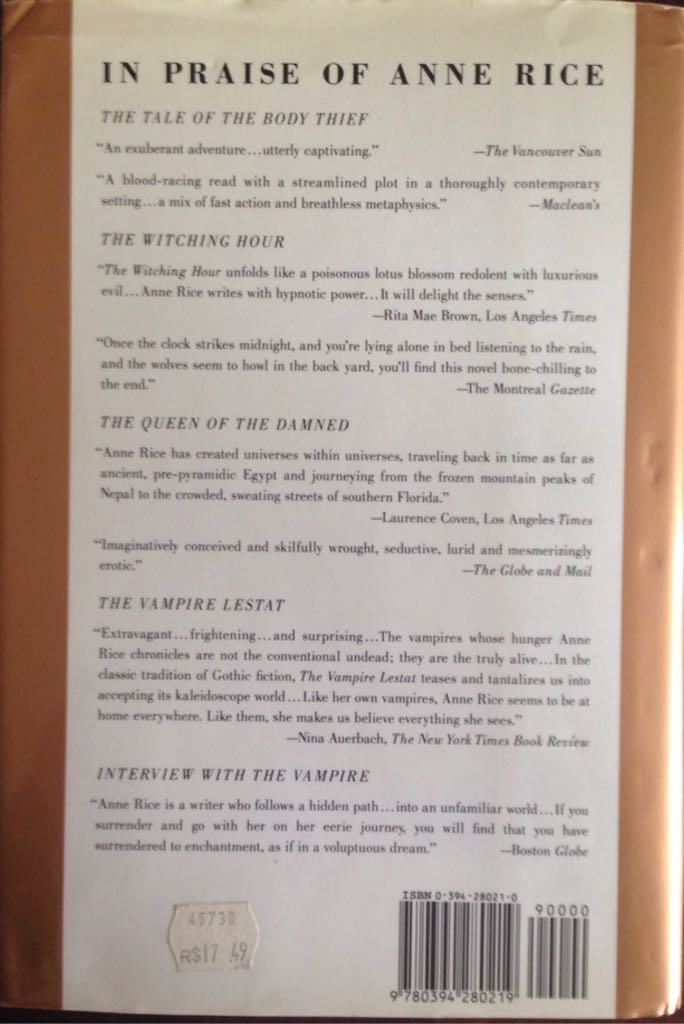 Lasher - Anne Rice (Knopf Canada - Hardcover) book collectible [Barcode 9780394280219] - Main Image 2