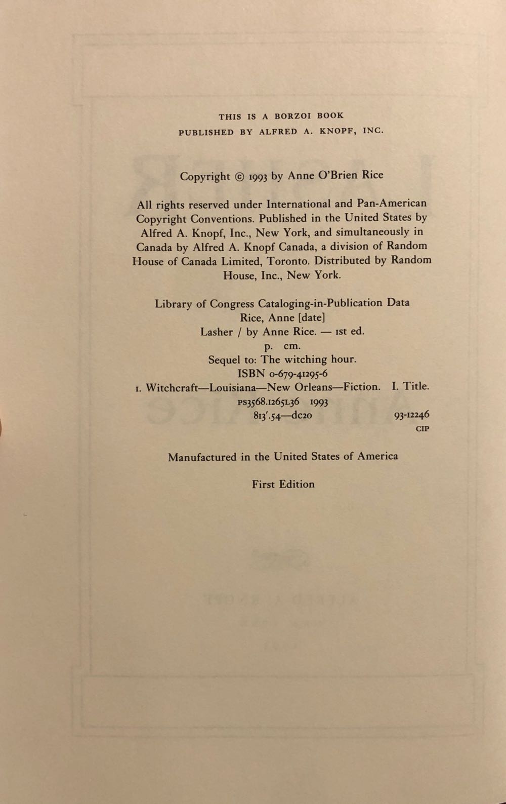 Lasher - Anne Rice (Alfred A Knopf - Hardcover) book collectible [Barcode 9780679412953] - Main Image 3