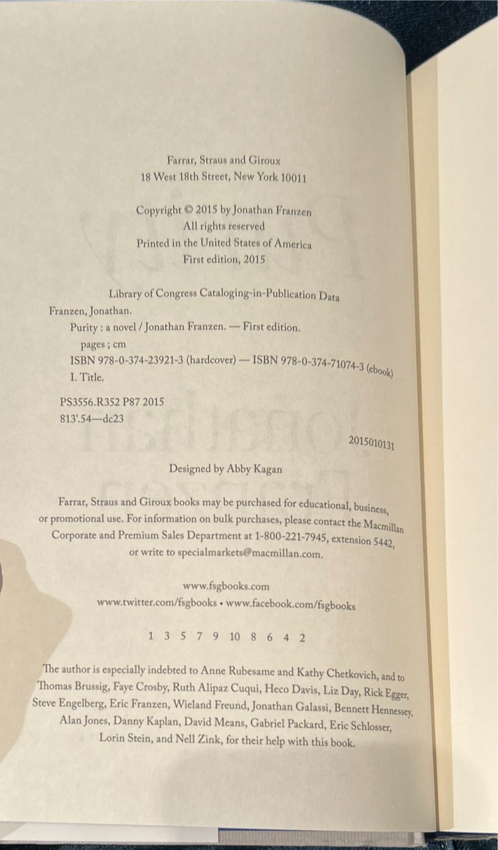 Purity - Jonathan Franzen (Farrar, Straus and Giroux - Hardcover) book collectible [Barcode 9780374239213] - Main Image 4