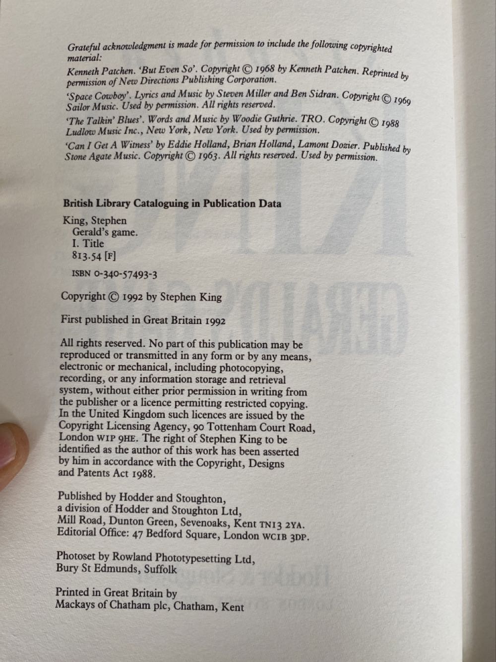 Gerald’s Game - Stephen King (Hodder & Stoughton - Hardcover) book collectible [Barcode 9780340574935] - Main Image 3