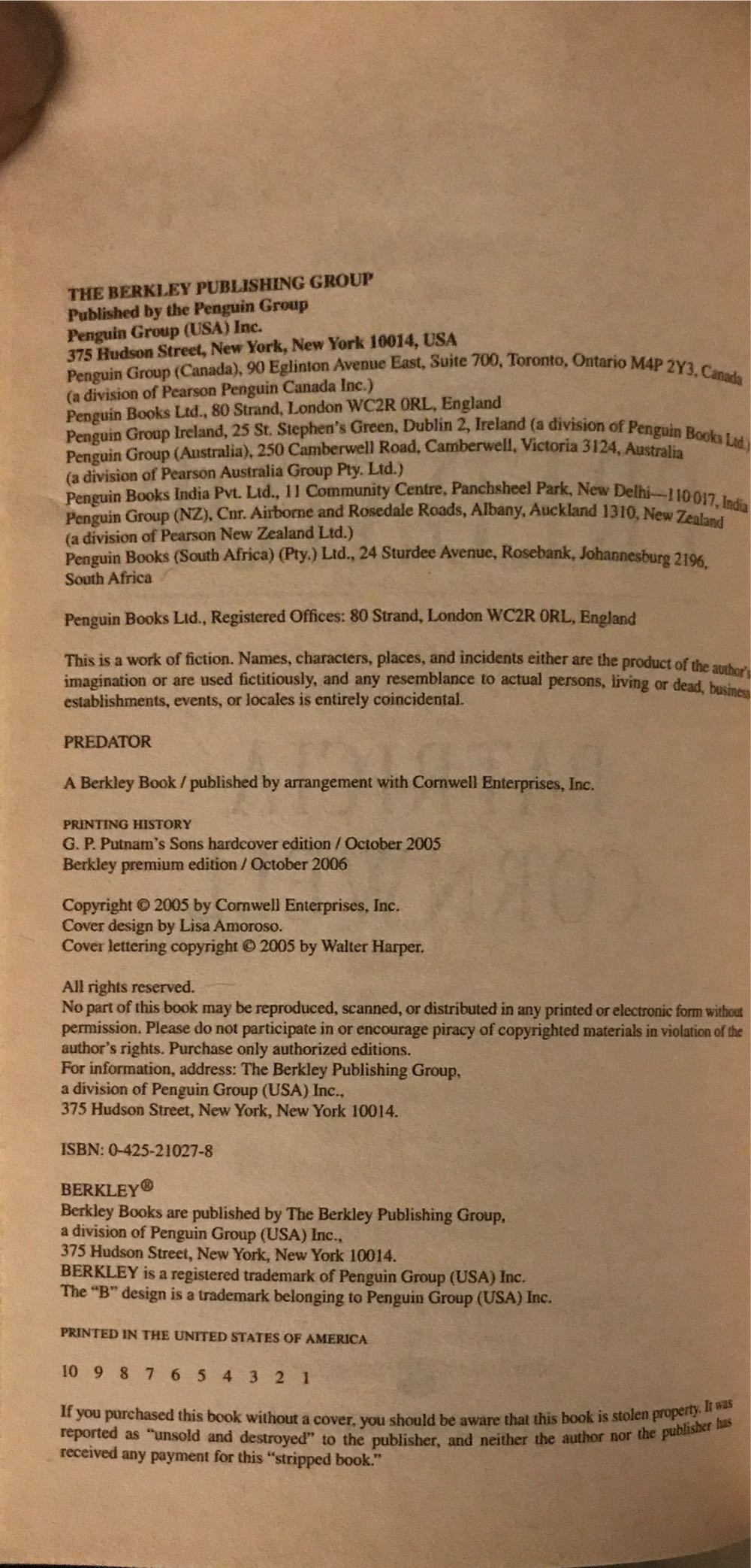 Scarpetta 14: Predator - Patricia Cornwell (Berkeley Books - Paperback) book collectible [Barcode 9780425210277] - Main Image 3