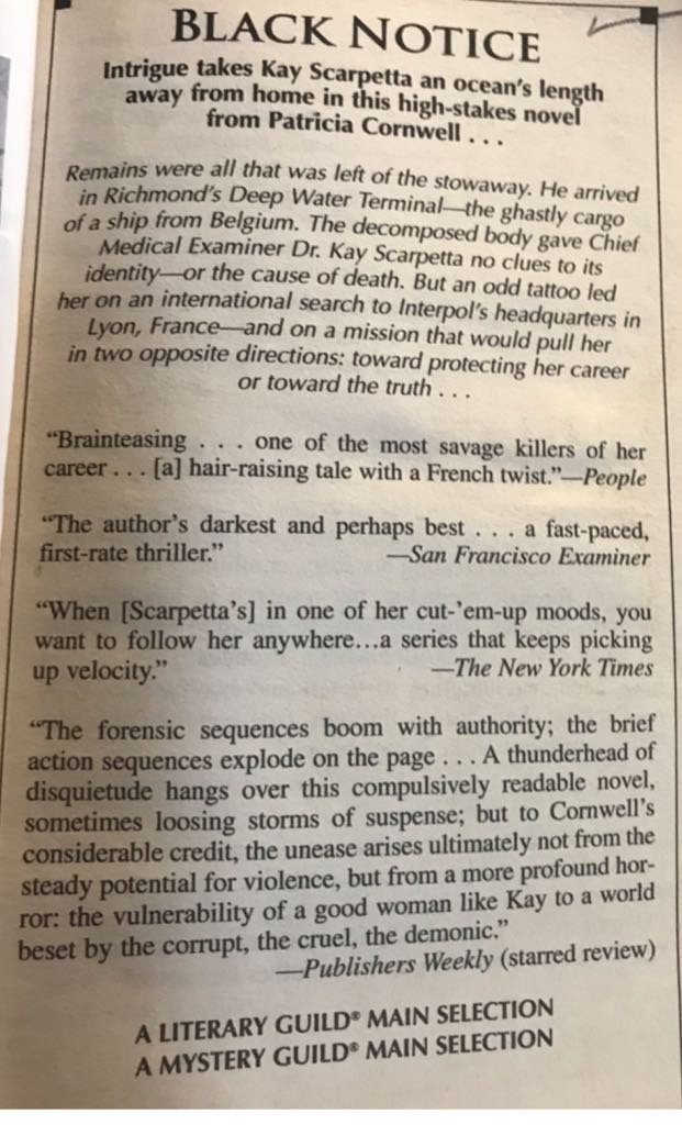 Kay Scarpetta 10: Black Notice - Patricia Cornwell (Berkley Books - Paperback) book collectible [Barcode 9780425175408] - Main Image 2
