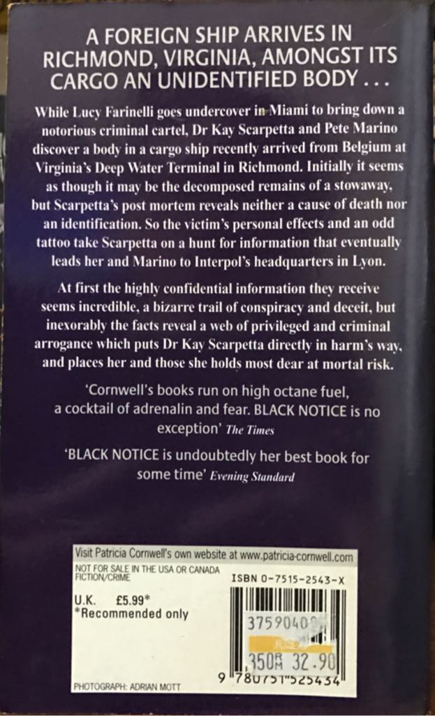 Black Notice - Patricia Cornwell (Warner Books - Paperback) book collectible [Barcode 9780751525434] - Main Image 2