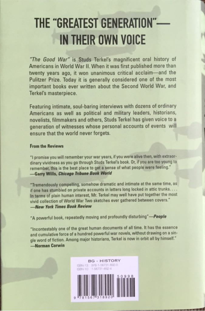 The Good War - An Oral History Of World War II” - Studs Terkel (Hardcover) book collectible [Barcode 9781567318920] - Main Image 2