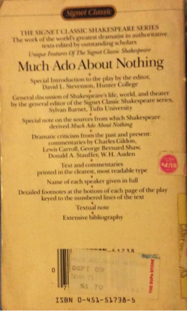 Much Ado About Nothing - William Shakespeare (New American Library - Paperback) book collectible [Barcode 9780451517388] - Main Image 2