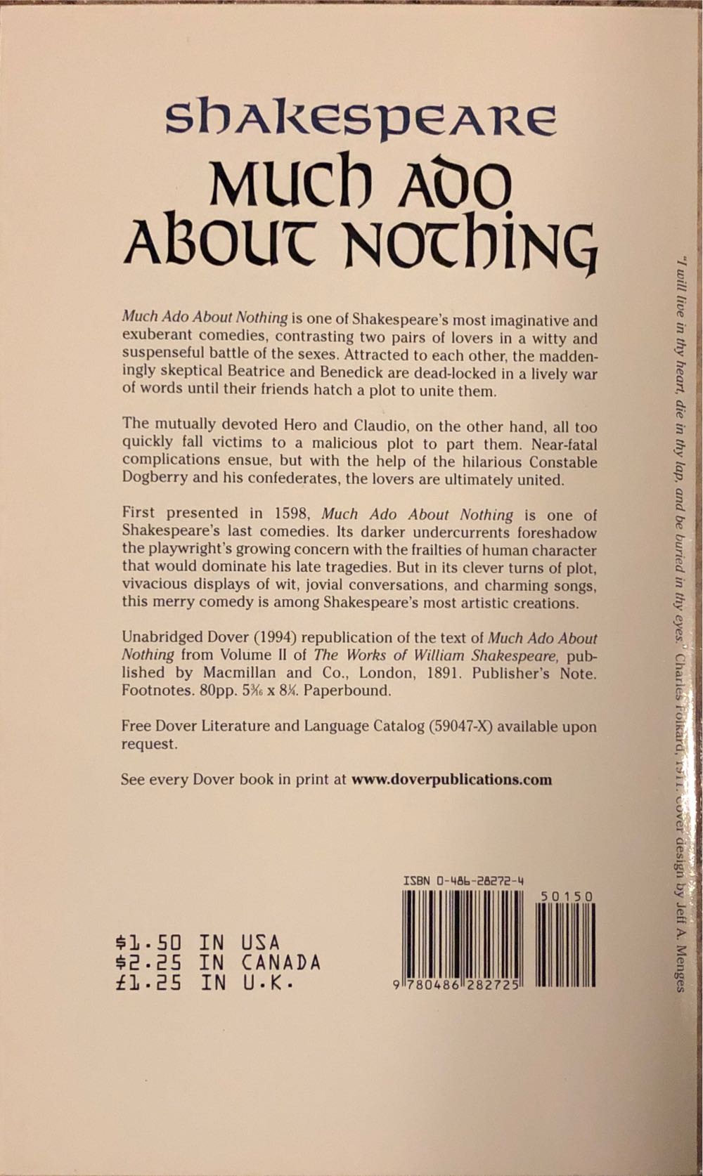 Much Ado About Nothing - William Shakespeare (Dover - Paperback) book collectible [Barcode 9780486282725] - Main Image 2