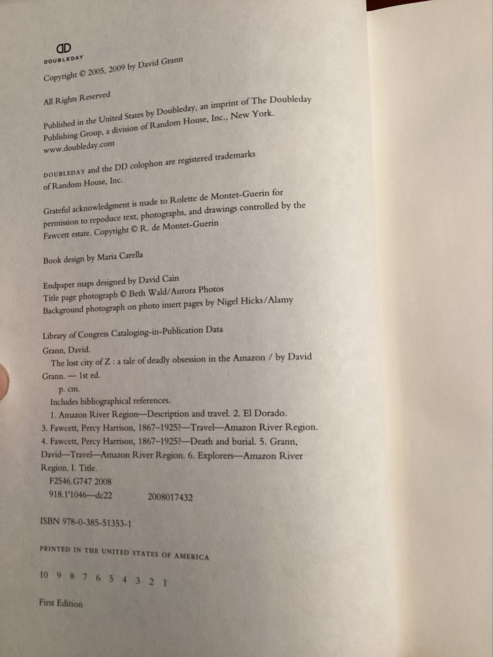 The Lost City of Z: a Tale of Deadly Obsession in the Amazon - David Grann (Doubleday - Hardcover) book collectible [Barcode 9780385513531] - Main Image 2