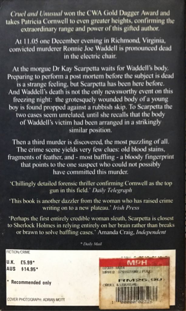 Cruel And Unusual - Patricia Cornwell (Warner Books - Paperback) book collectible [Barcode 9780751501681] - Main Image 2