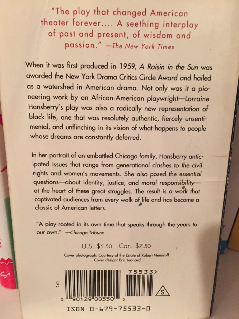 A Raisin In The Sun - Lorraine Hansberry (Vintage Books / Random House - Paperback) book collectible [Barcode 9780679755333] - Main Image 2