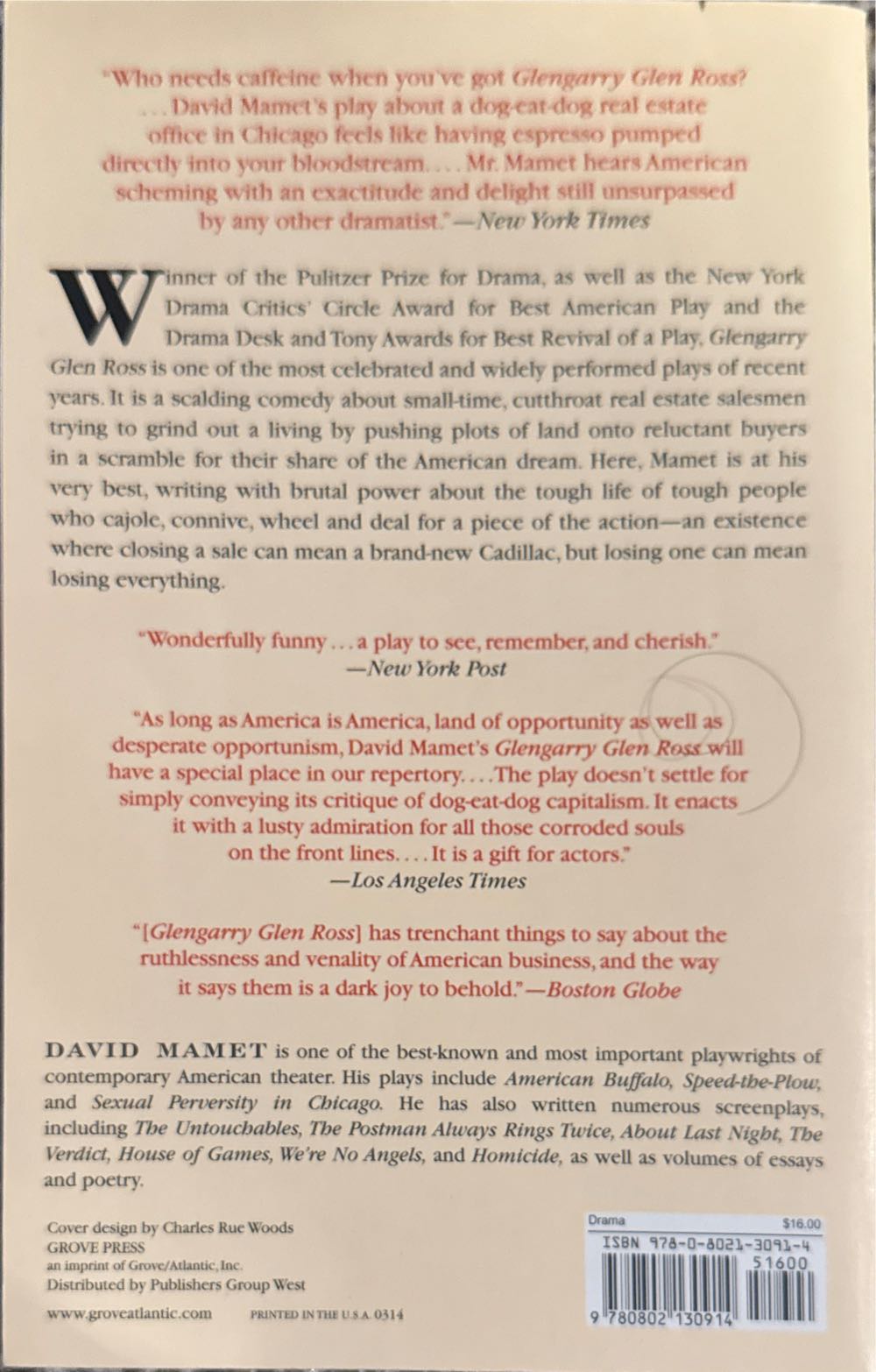 Glengarry Glen Ross - David Mamet (Grove Press - Paperback) book collectible [Barcode 9780802130914] - Main Image 2